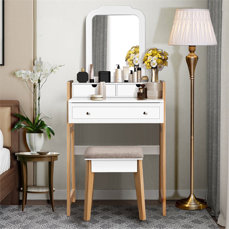 Costway Contemporary MDF and Wood Makeup Vanity Set in White and Natural