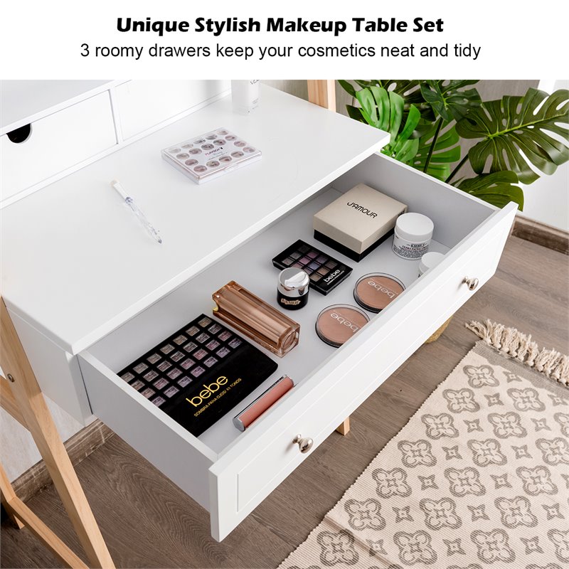 Costway Contemporary MDF and Wood Makeup Vanity Set in White and Natural