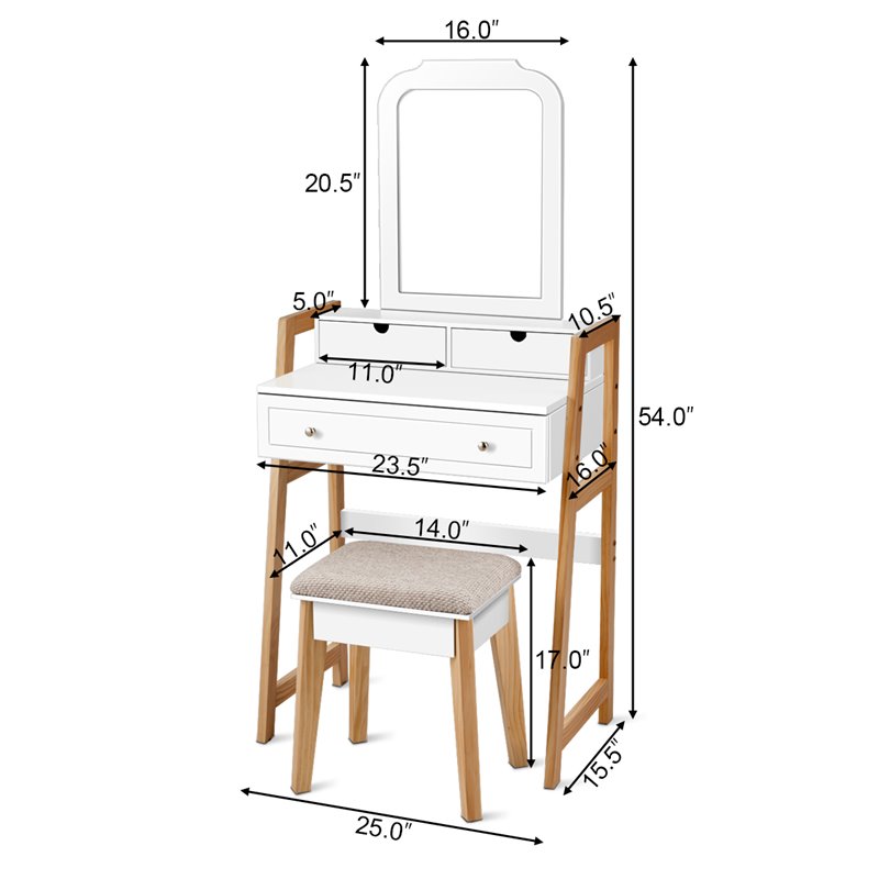 Costway Contemporary MDF and Wood Makeup Vanity Set in White and Natural