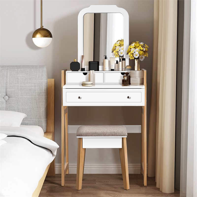 Costway Contemporary MDF and Wood Makeup Vanity Set in White and Natural