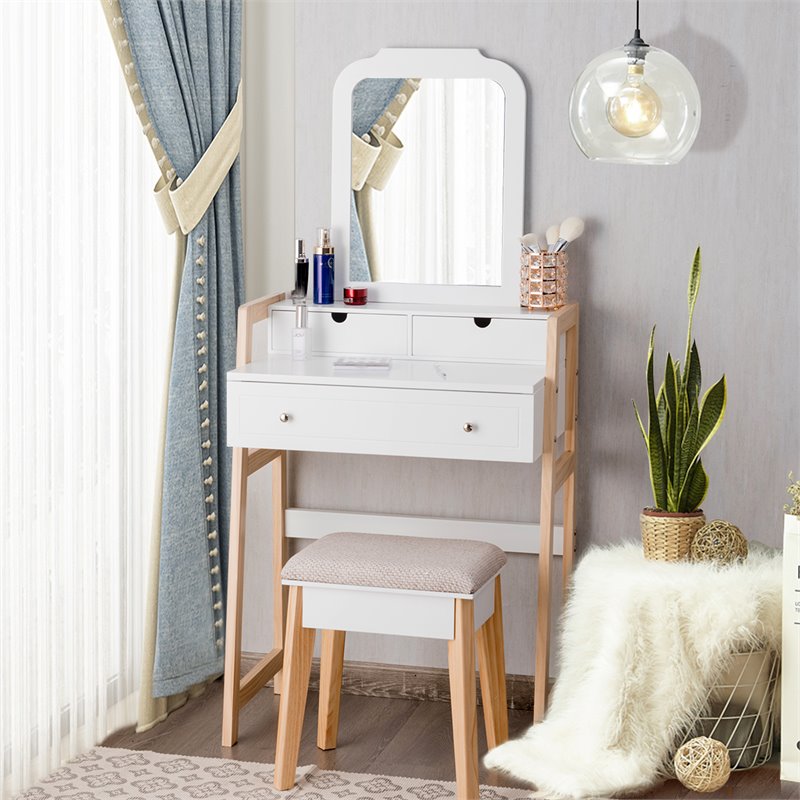 Costway Contemporary MDF and Wood Makeup Vanity Set in White and Natural
