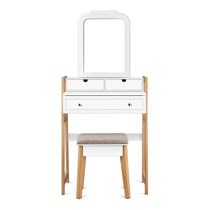 Costway Contemporary MDF and Wood Makeup Vanity Set in White and Natural