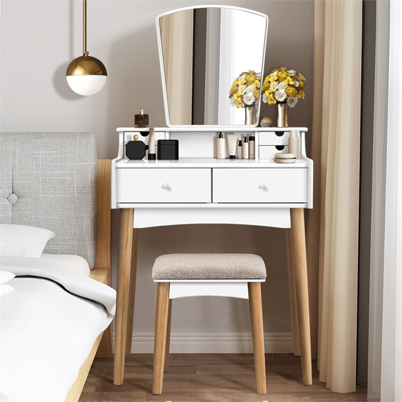 Costway MDF and Pine Wood Vanity Table Set with Cushioned Stool in White