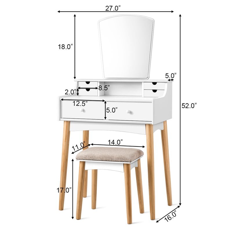 Costway MDF and Pine Wood Vanity Table Set with Cushioned Stool in White