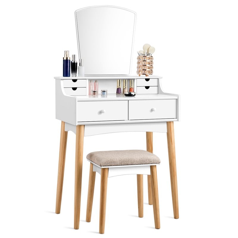 Costway MDF and Pine Wood Vanity Table Set with Cushioned Stool in White