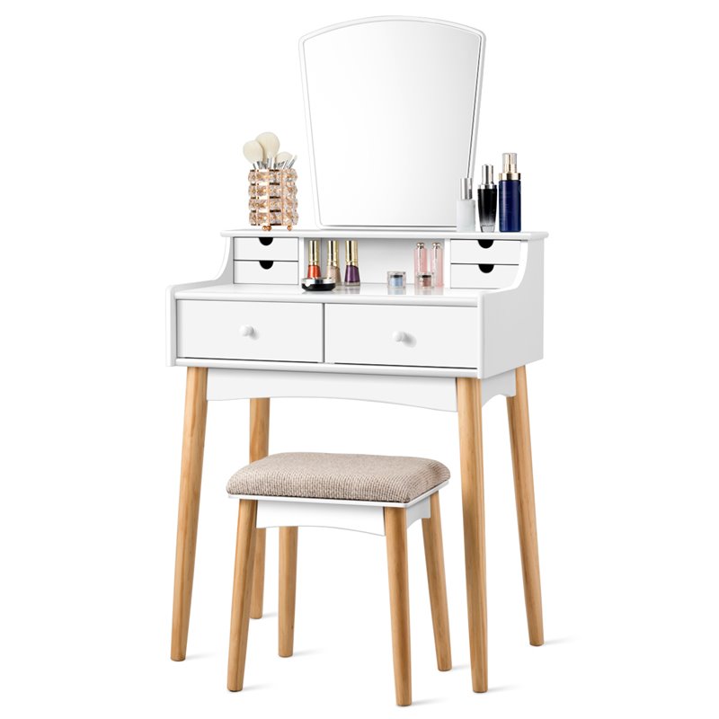 Costway MDF and Pine Wood Vanity Table Set with Cushioned Stool in White