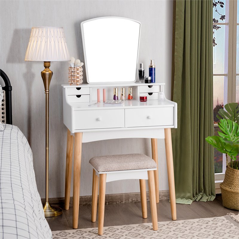 Costway MDF and Pine Wood Vanity Table Set with Cushioned Stool in White