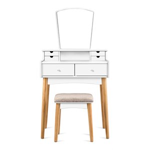 Costway MDF and Pine Wood Vanity Table Set with Cushioned Stool in White
