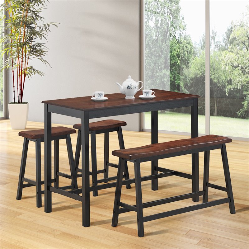 Costway 4-piece Counter Height Table Set with Bench & 2 Stools in Reddish Brown