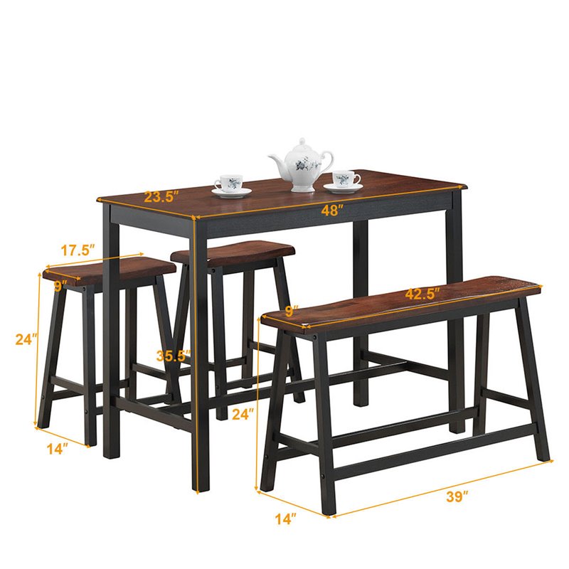 Costway 4-piece Counter Height Table Set with Bench & 2 Stools in Reddish Brown