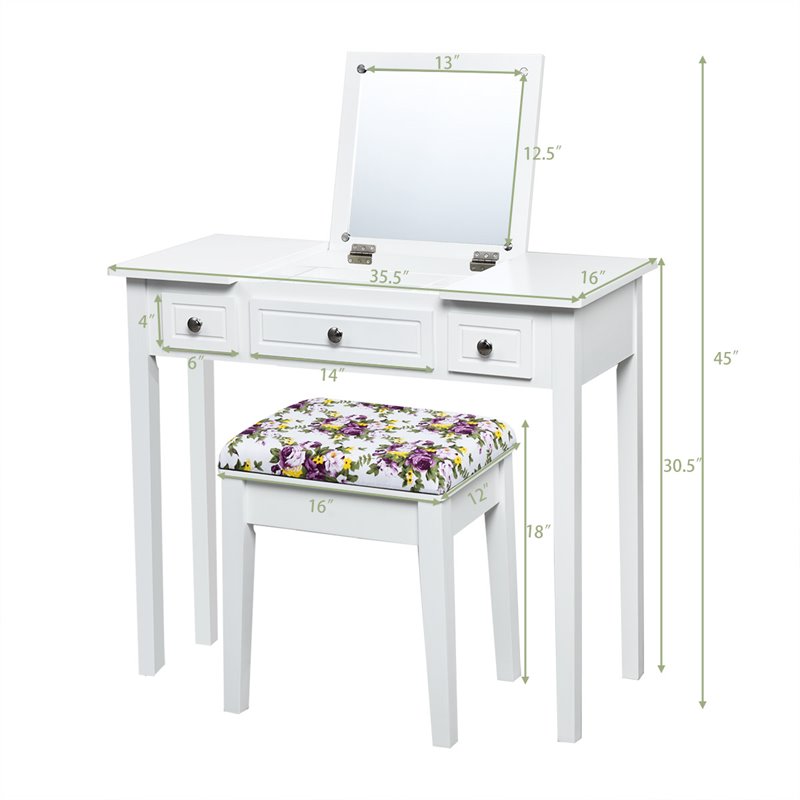 Costway MDF and Wood Vanity Dressing Table Set with 7 Compartments in White