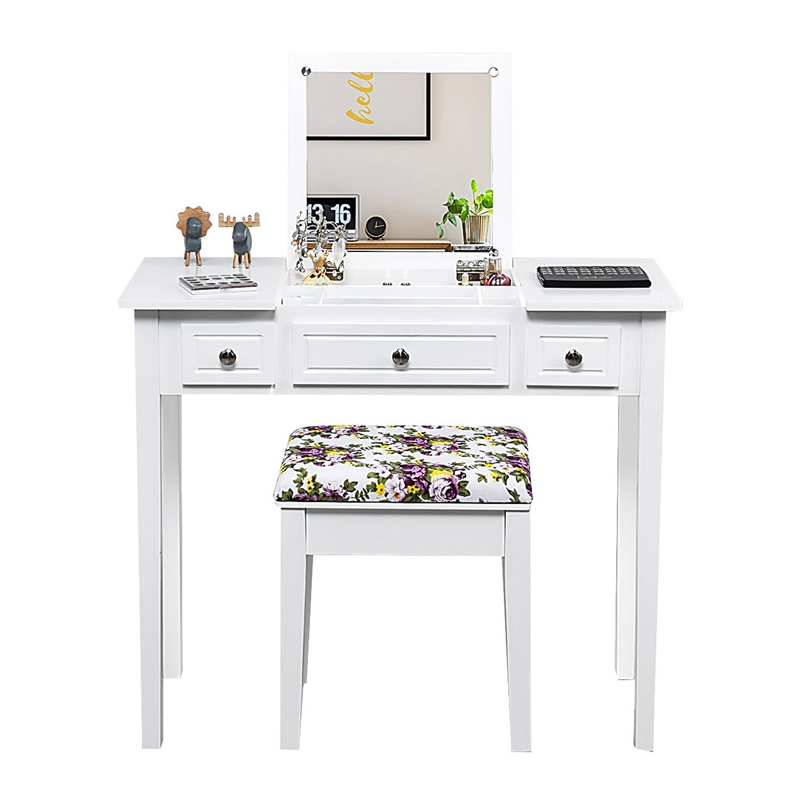 Costway MDF and Wood Vanity Dressing Table Set with 7 Compartments in White
