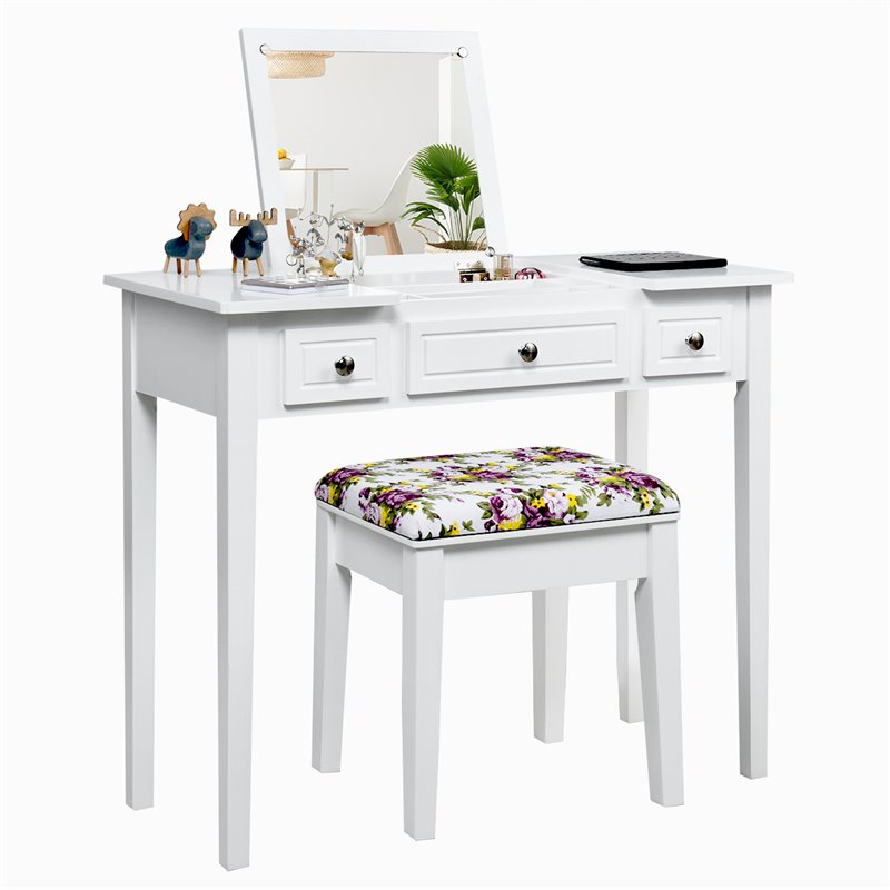 Costway MDF and Wood Vanity Dressing Table Set with 7 Compartments in White