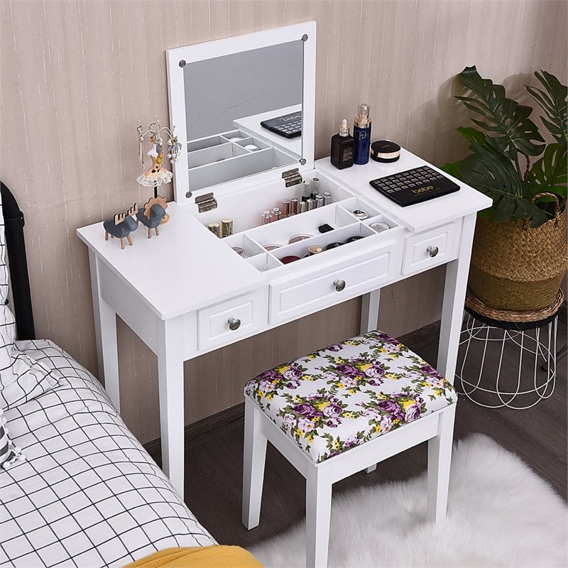 Costway MDF and Wood Vanity Dressing Table Set with 7 Compartments in White
