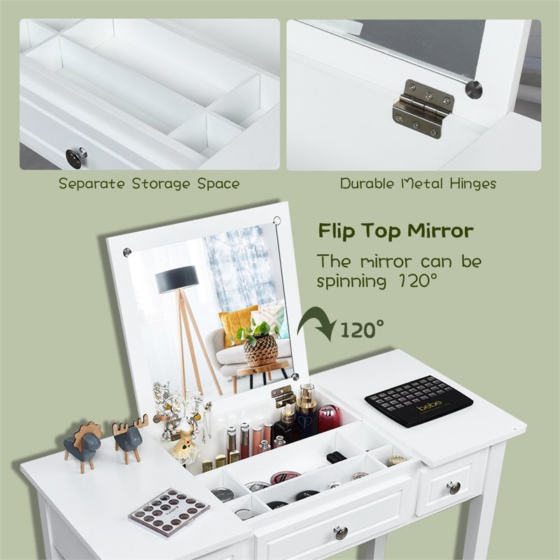 Costway MDF and Wood Vanity Dressing Table Set with 7 Compartments in White