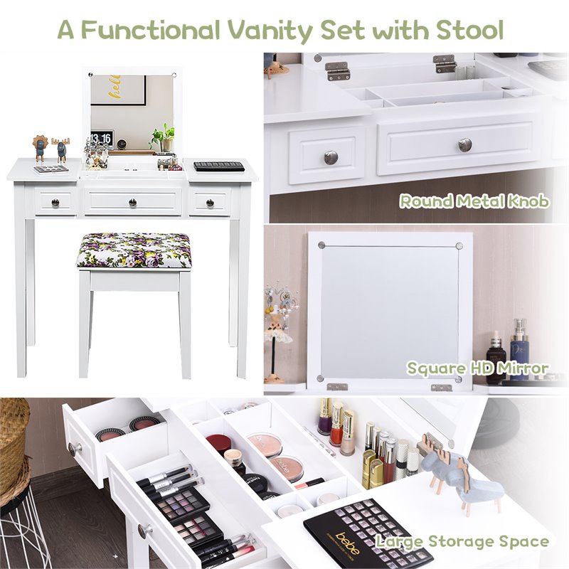 Costway MDF and Wood Vanity Dressing Table Set with 7 Compartments in White