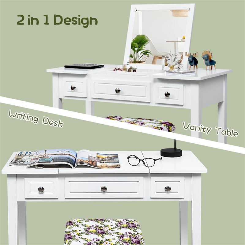Costway MDF and Wood Vanity Dressing Table Set with 7 Compartments in White