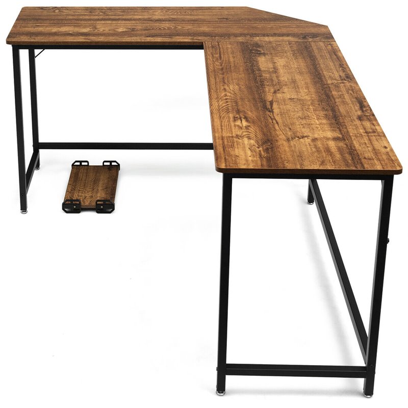 Costway Iron L-Shaped Corner Computer Desk with Adjustable Leg Pads in Brown