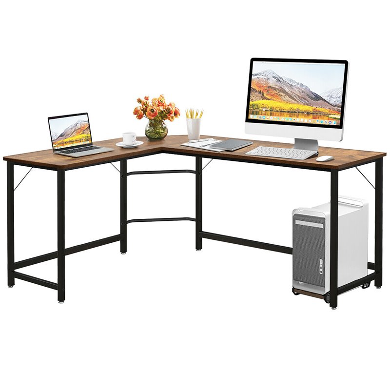Costway Iron L-Shaped Corner Computer Desk with Adjustable Leg Pads in Brown