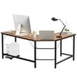 Costway Iron L-Shaped Corner Computer Desk with Adjustable Leg Pads in Brown