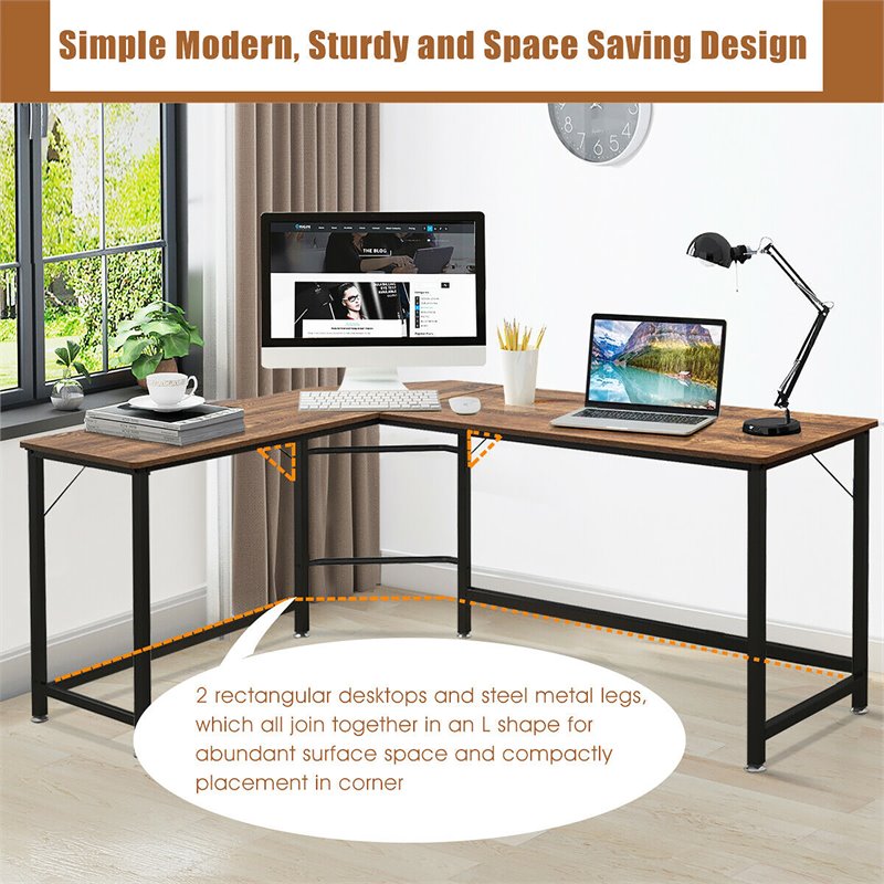 Costway Iron L-Shaped Corner Computer Desk with Adjustable Leg Pads in Brown
