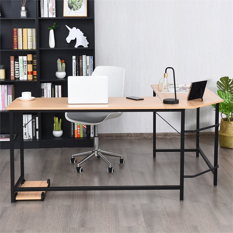 Costway Iron L-Shaped Corner Computer Desk with Adjustable Leg Pads in Natural