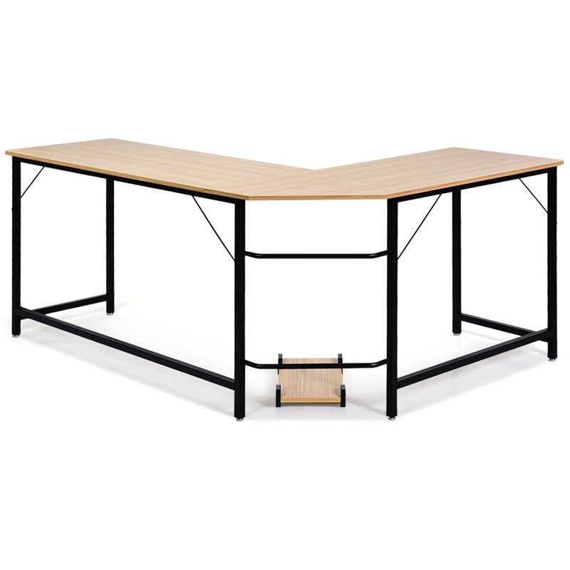 Costway Iron L-Shaped Corner Computer Desk with Adjustable Leg Pads in Natural