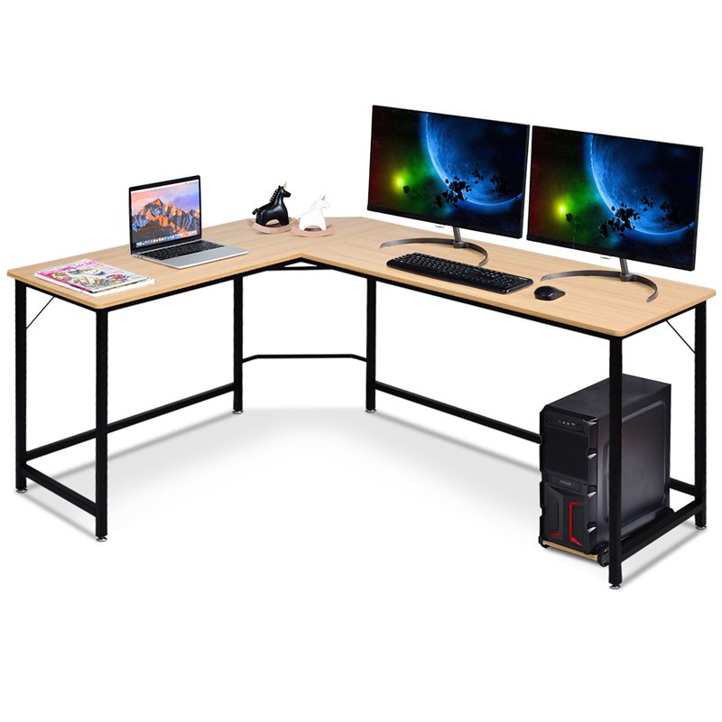 Costway Iron L-Shaped Corner Computer Desk with Adjustable Leg Pads in Natural
