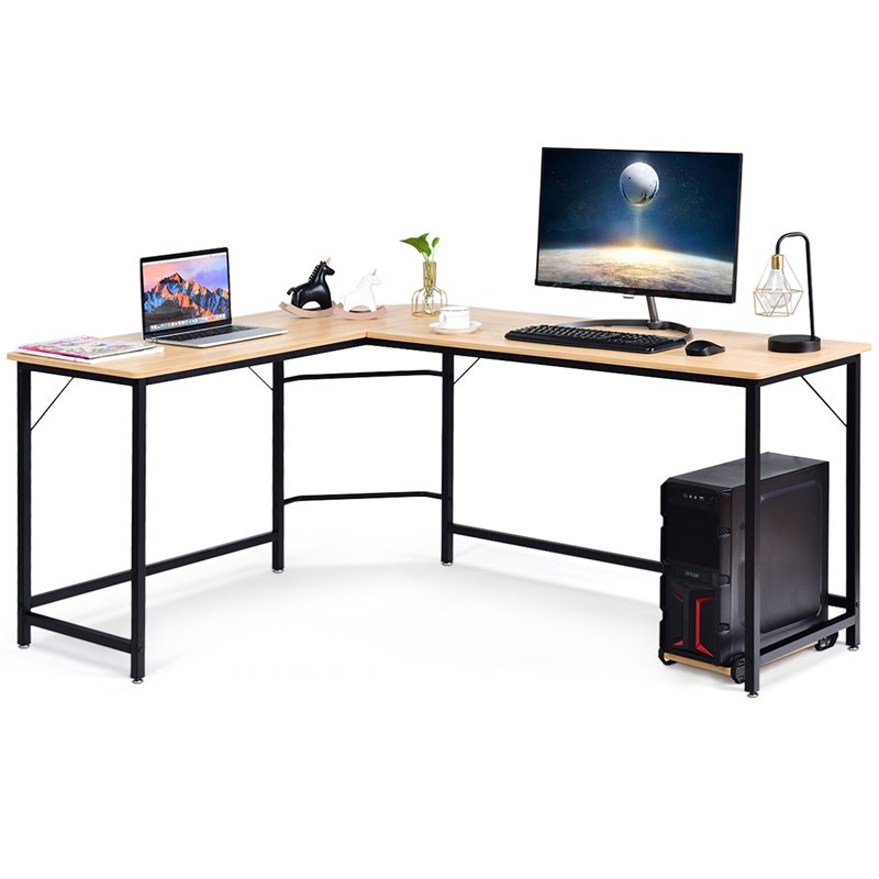 Costway Iron L-Shaped Corner Computer Desk with Adjustable Leg Pads in Natural