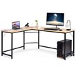 Costway Iron L-Shaped Corner Computer Desk with Adjustable Leg Pads in Natural
