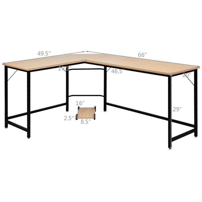 Costway Iron L-Shaped Corner Computer Desk with Adjustable Leg Pads in Natural