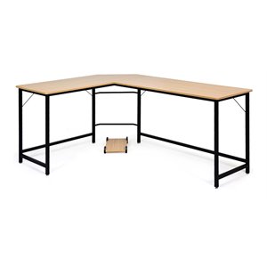 Costway Iron L-Shaped Corner Computer Desk with Adjustable Leg Pads in Natural