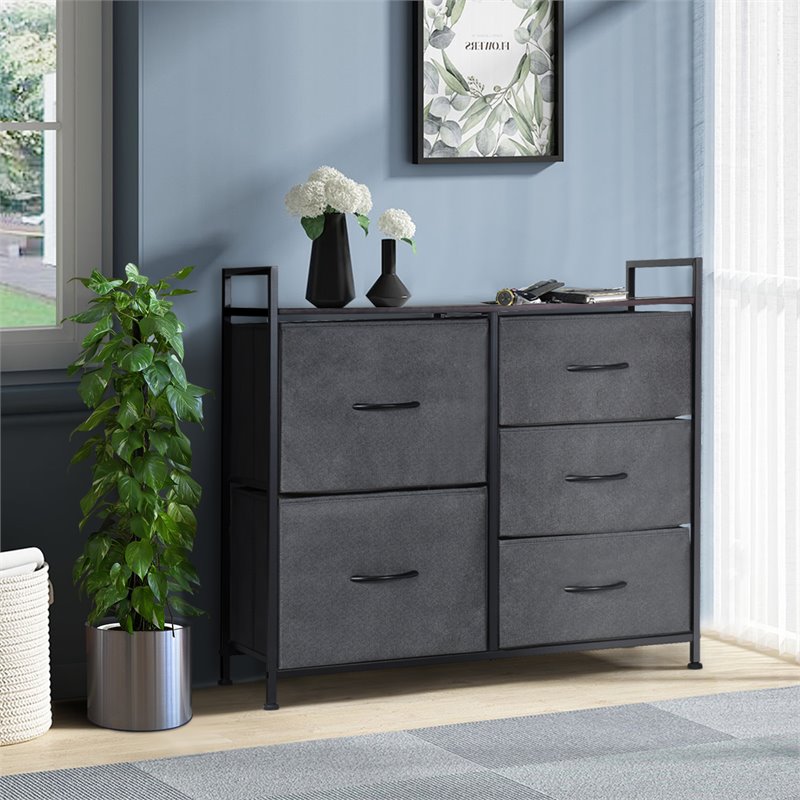Costway 5-drawer Contemporary Iron MDF and Cloth Dresser Storage in Dark Gray