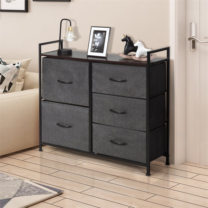 Costway 5-drawer Contemporary Iron MDF and Cloth Dresser Storage in Dark Gray