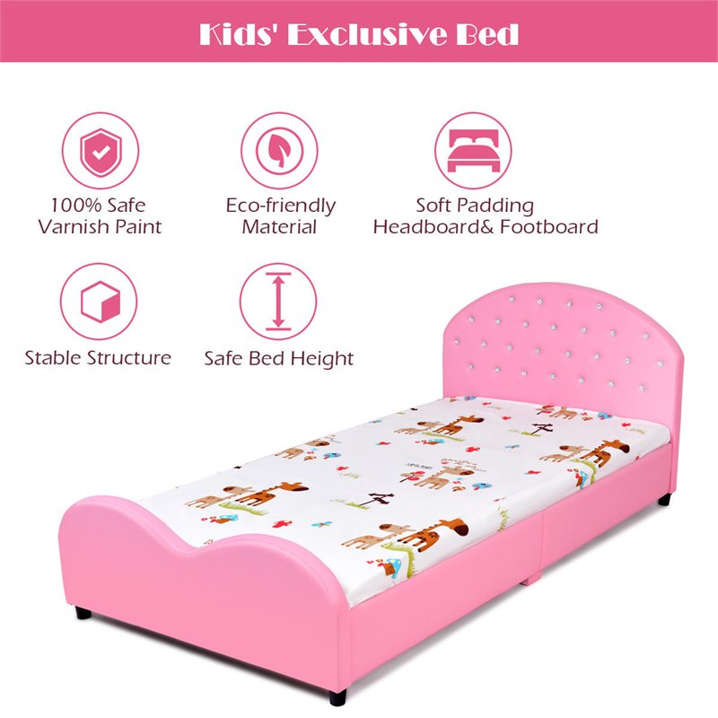 Costway Plywood PU Upholstered Platform Kids Princess Toddler Bed in Pink
