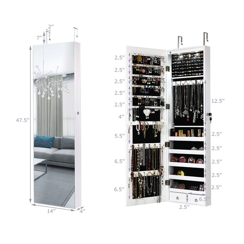 Costway MDF Board Wall/Door Mounted Full-length Mirror Jewelry Cabinet in White