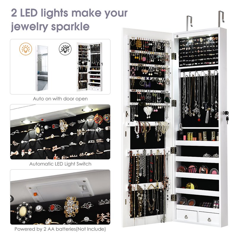 Costway MDF Board Wall/Door Mounted Full-length Mirror Jewelry Cabinet in White