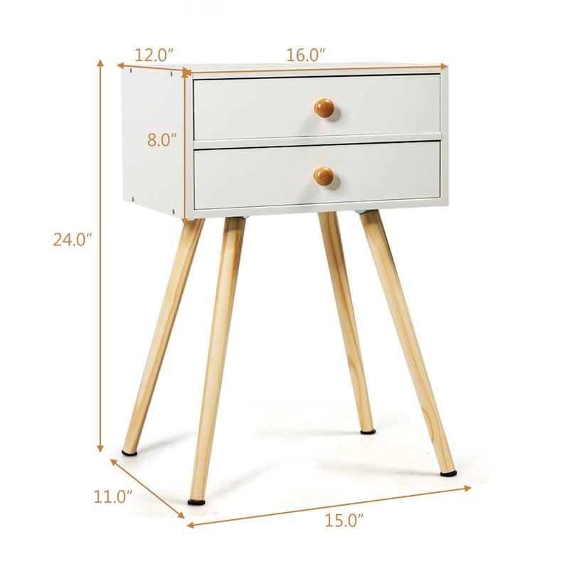 Costway 2-drawer Contemporary MDF and Wood Nightstand in White