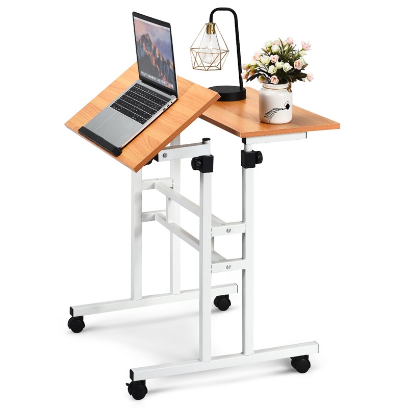Costway Steel and Particle Board Adjustable Mobile Standing Desk in White