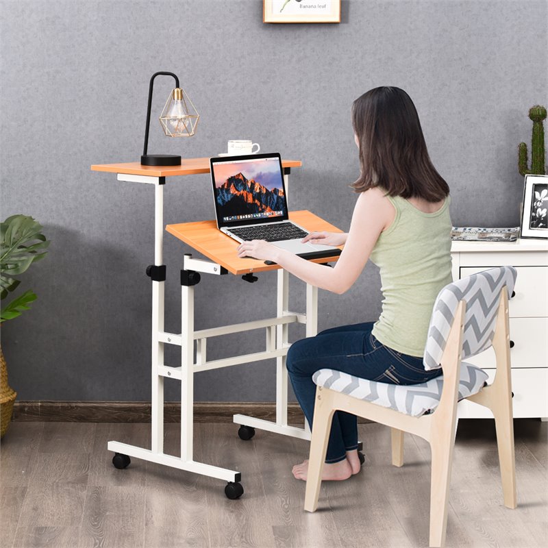 Costway Steel and Particle Board Adjustable Mobile Standing Desk in White