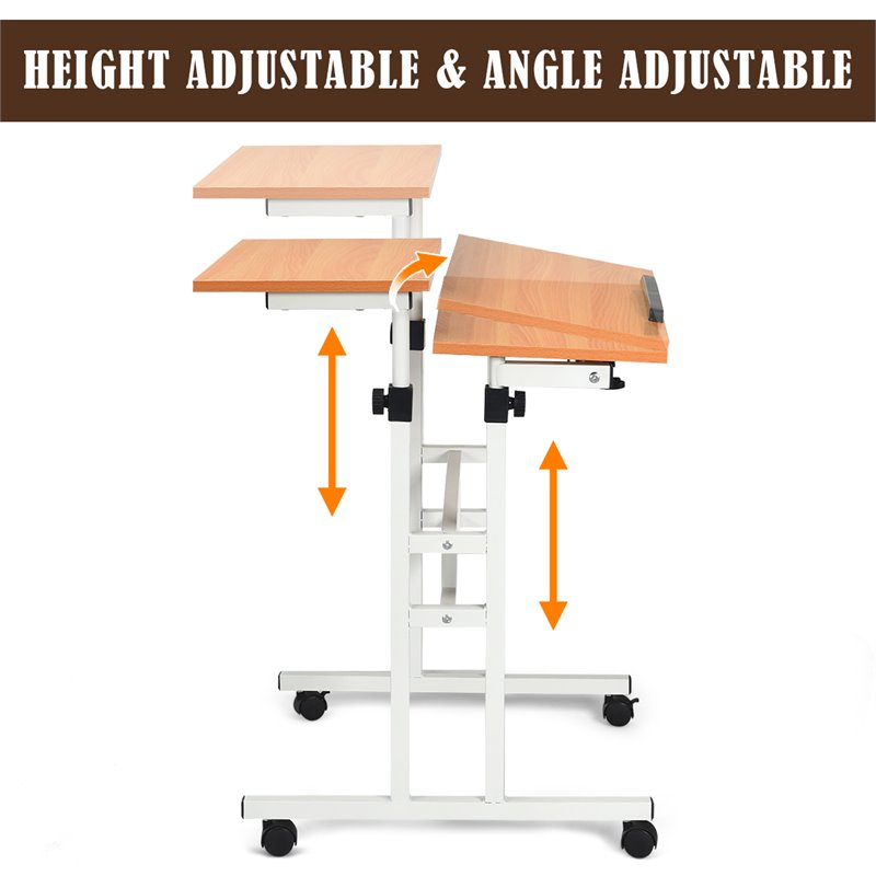 Costway Steel and Particle Board Adjustable Mobile Standing Desk in White