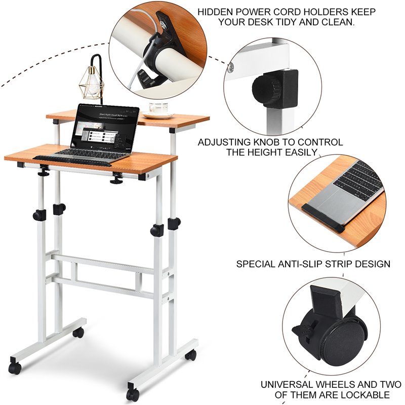 Costway Steel and Particle Board Adjustable Mobile Standing Desk in White