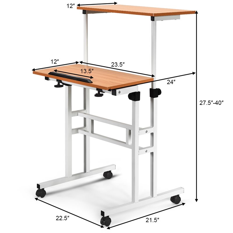 Costway Steel and Particle Board Adjustable Mobile Standing Desk in White