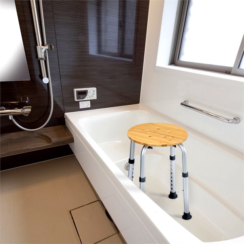 Costway Bamboo & Aluminum Bath Chair with Round Shaped Top in Silver