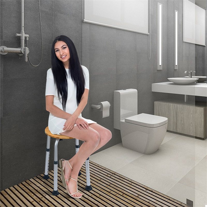 Costway Bamboo & Aluminum Bath Chair with Round Shaped Top in Silver