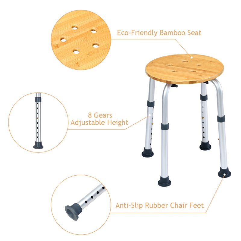 Costway Bamboo & Aluminum Bath Chair with Round Shaped Top in Silver