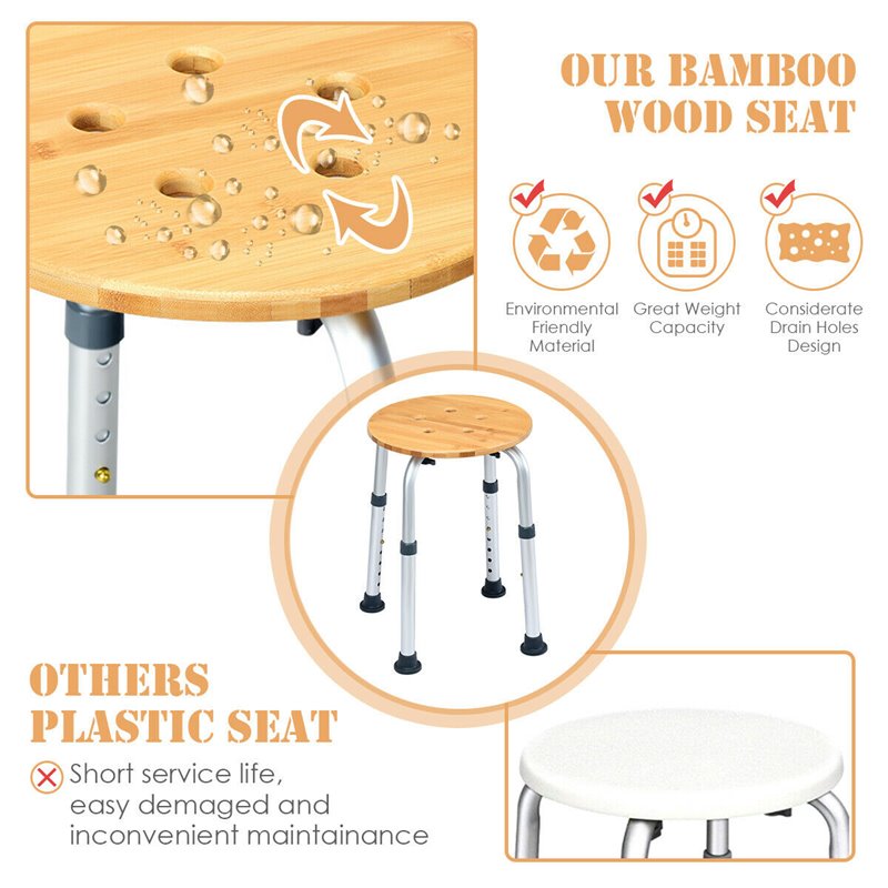 Costway Bamboo & Aluminum Bath Chair with Round Shaped Top in Silver
