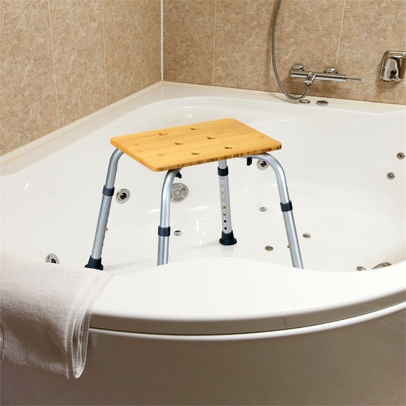 Costway Bamboo & Aluminum Bath Chair with Square Shaped Top in Silver