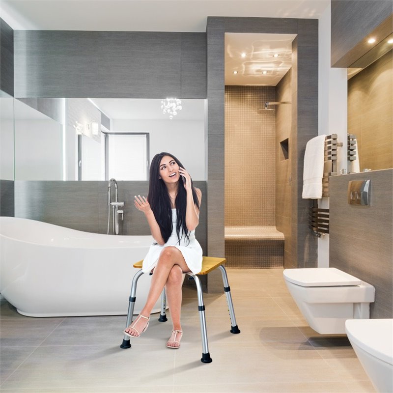 Costway Bamboo & Aluminum Bath Chair with Square Shaped Top in Silver