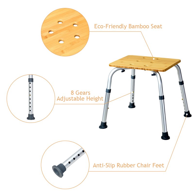 Costway Bamboo & Aluminum Bath Chair with Square Shaped Top in Silver